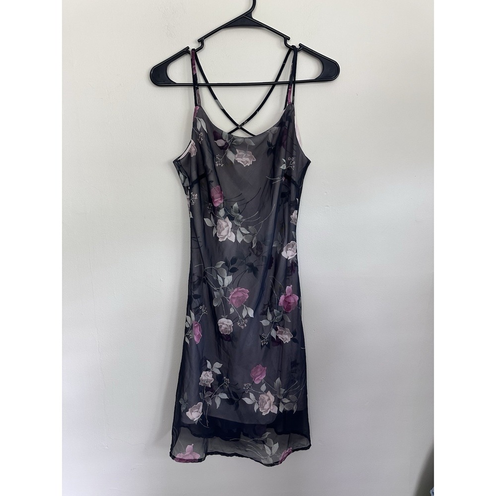 VTG Y2K Floral Slip Dress Coquette Fairy‎ Grunge Sheer Mesh Strappy SMALL/MEDIUM